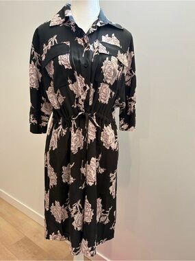 Black Midi Shirt Dress with Pink Floral Print and Tie Waist